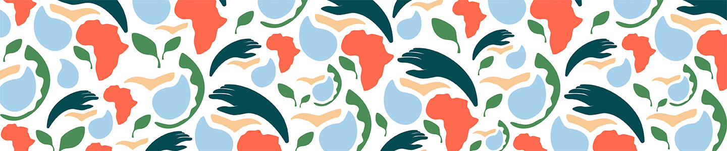 Placeholder GCBC illustration in orange, teal, green, blue and beige that includes an abstract rendering of hands, a water drop, lead, the African continent and a bird