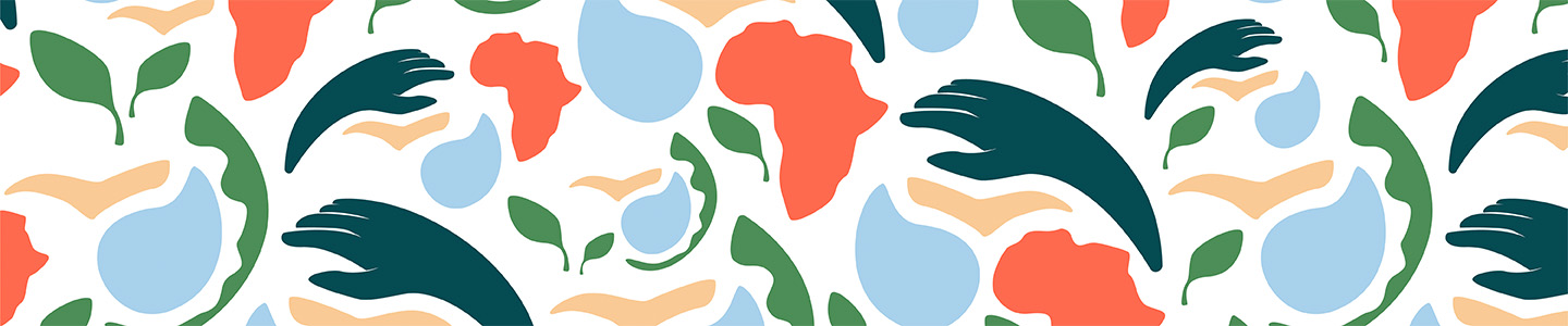 Placeholder GCBC illustration in light blue, gree, teal, and beige that includes an abstract rendering of hands, a water drop, lead, the African continent and a bird